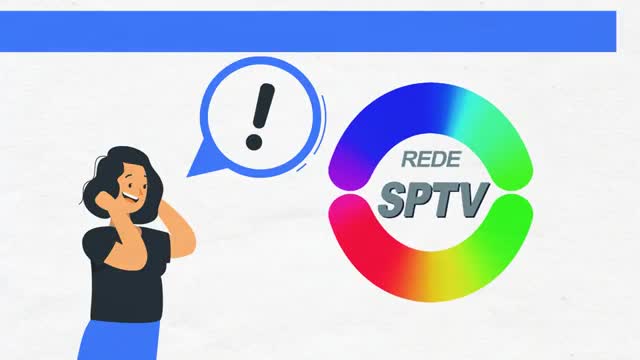 A woman with dark hair smiles, her hands near her ears, as an exclamation point appears in a blue speech bubble. Beside her, the colorful Rede SPTV logo curves.