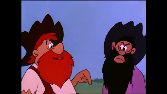 Two men with bushy beards, wearing cowboy hats, stand facing each other. The one on the left, with a bright red beard, gestures with his hand as if explaining something. The man on the right, with a dark beard, looks on with a stern expression, his brow furrowed.