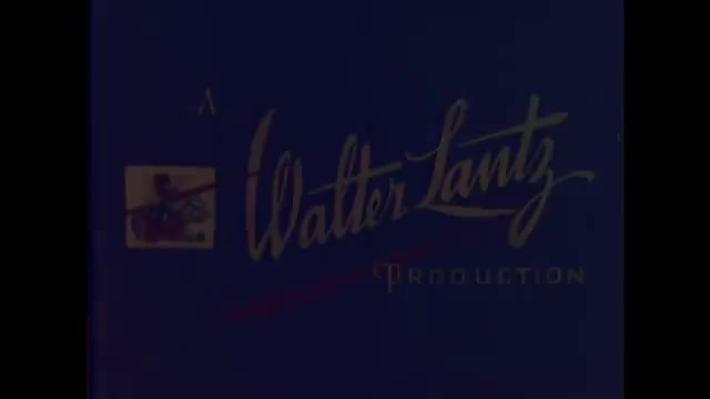 A stylized logo with "Walter Lantz PRODUCTION" in gold script appears on a dark blue background. A small, square image of a figure on a horse is visible to the left of the text.