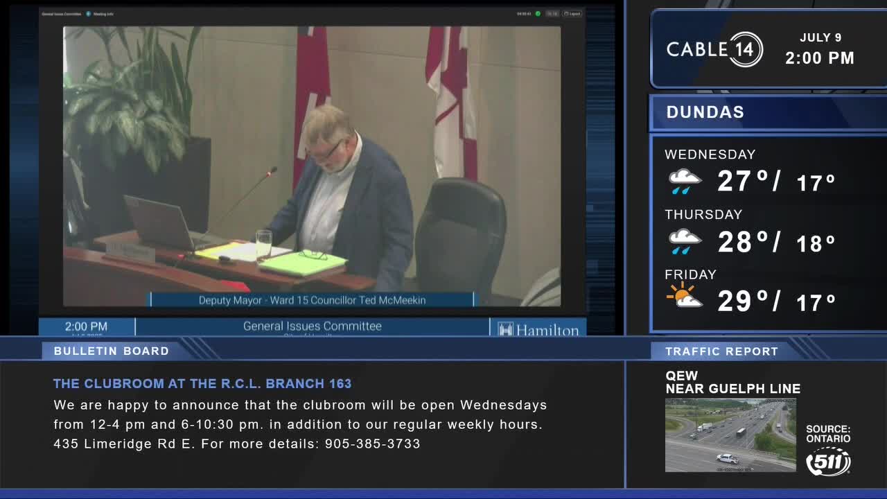 On Cable 14 Hamilton, Deputy Mayor Ted McMeekin is at a desk, leaning slightly forward. A bulletin board below lists local news, including the weather forecast for Dundas.
