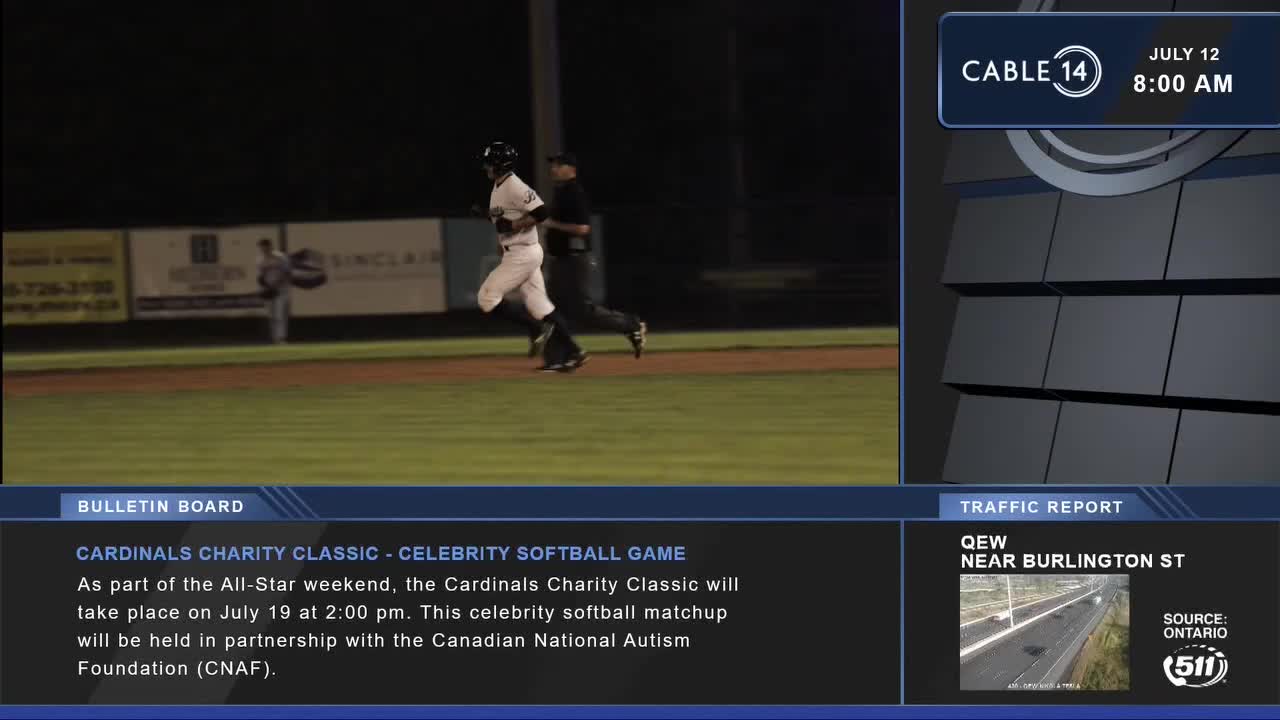 A player in a white uniform sprints toward the camera, followed closely by an umpire. The Cable 14 broadcast is previewing a celebrity softball game in support of the Canadian National Autism Foundation.
