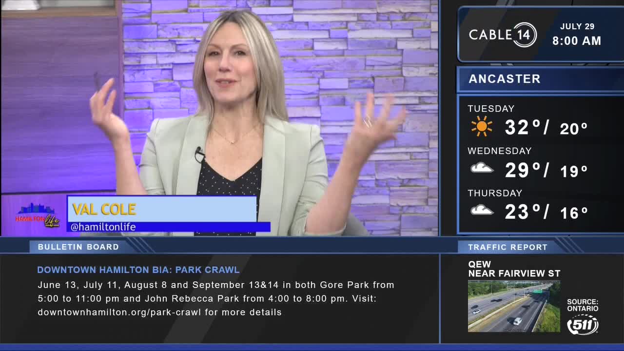 Val Cole from Cable 14 Hamilton gestures with her hands, seemingly explaining something. Beside her, the weather forecast for Ancaster is displayed.
