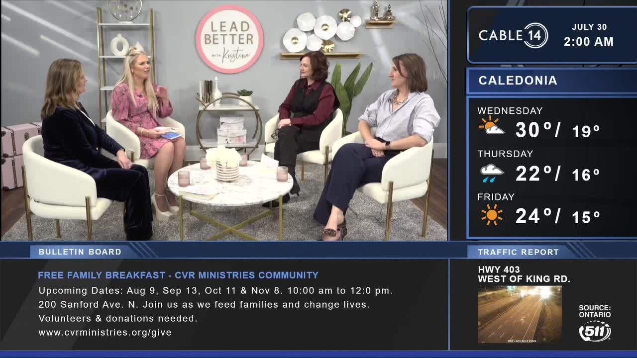 Four women are seated in a studio, engaged in a conversation. Cable 14 Hamilton's weather forecast for Caledonia is displayed on the right.
