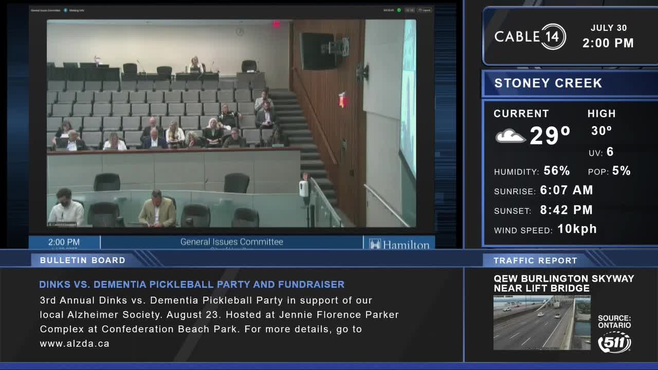 The Cable 14 broadcast shows a meeting in progress, with people seated at a long table and in the tiered seating behind them. It's a General Issues Committee meeting, and the weather in Stoney Creek is 29 degrees.

