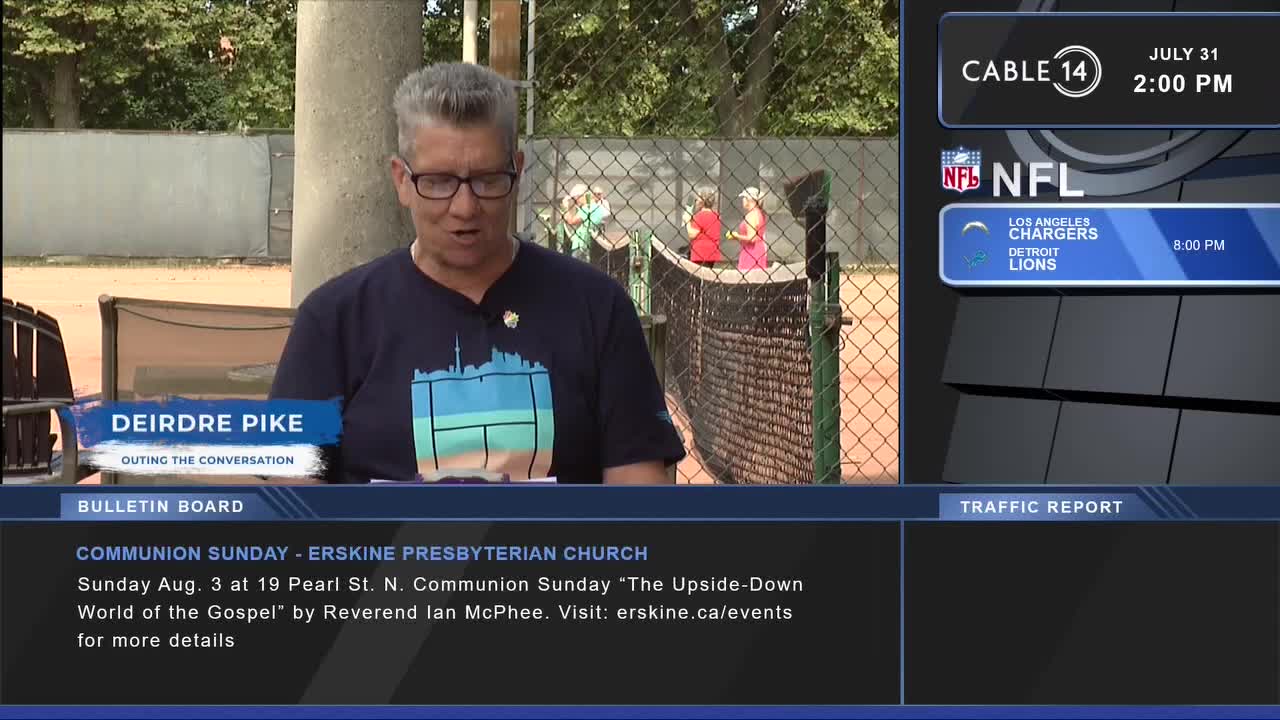 Deirdre Pike, from Cable 14 Hamilton, is speaking, with a tennis court visible behind her. Three people in the background are watching a match, while the broadcast details the upcoming NFL game.
