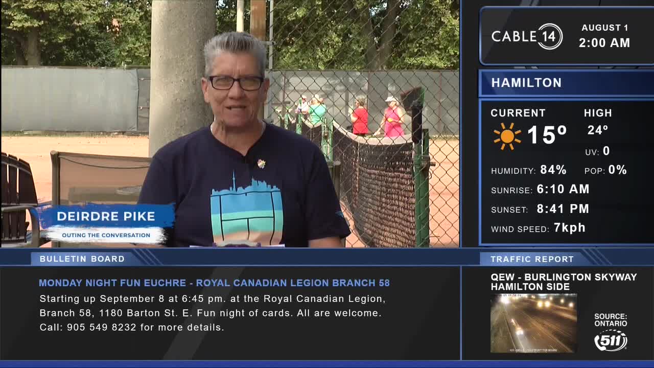 Deirdre Pike from Cable 14 Hamilton is speaking, a tennis court visible behind her. The weather report shows a cool 15 degrees Celsius, with a high of 24.
