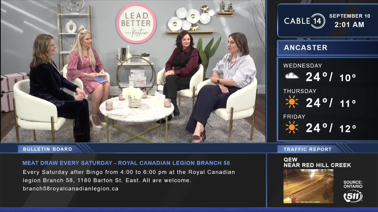 Four women are seated around a small table, engaged in a discussion on a Cable 14 Hamilton set. The time is just after 2 AM on September 10th, with the weather forecast for Ancaster displayed on the right.

