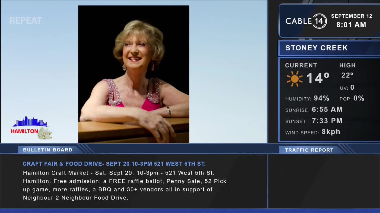 On Cable 14, a woman in a pink dress smiles from a studio backdrop. The screen also displays the weather in Stoney Creek and a bulletin for a craft fair in Hamilton.
