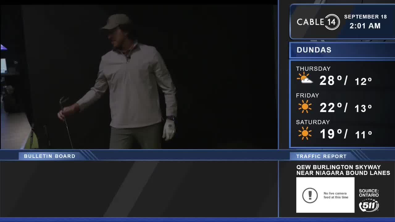 A man in a golf hat and gloves holds a club, poised in front of a dark backdrop. Cable 14 Hamilton's weather report for Dundas is displayed on the right, with temperatures dropping into the weekend.
