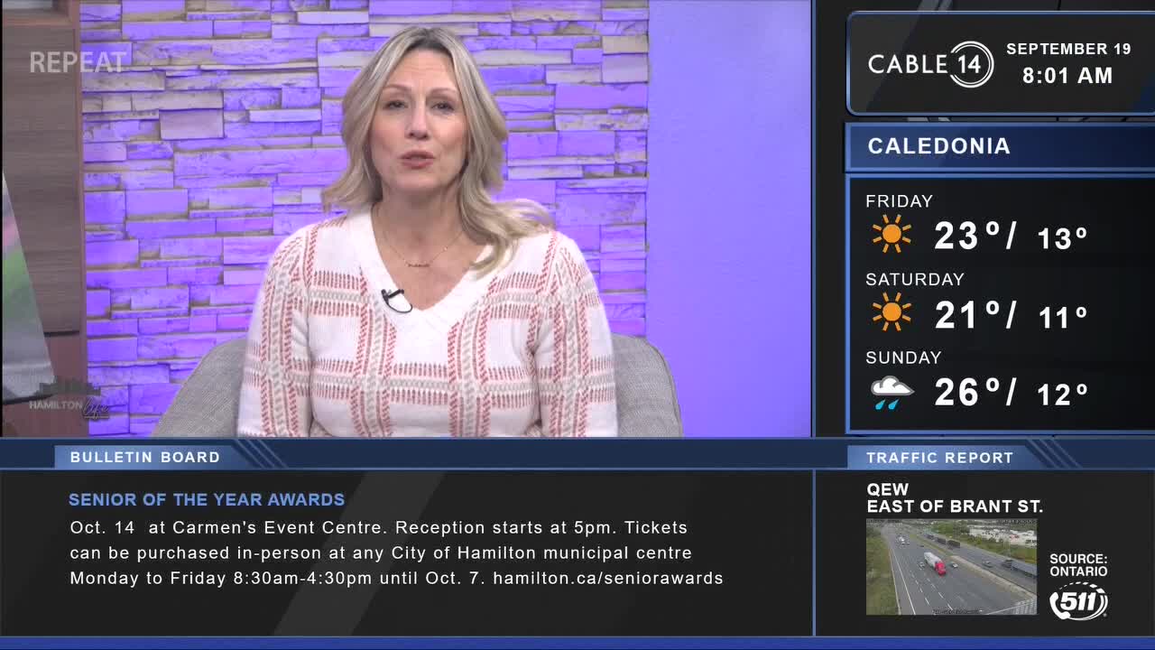 The Cable 14 Hamilton anchor is speaking directly to the camera, her words likely about the weather forecast for Caledonia. Beside her, the screen displays temperatures and the traffic report, all under the morning's date and time.
