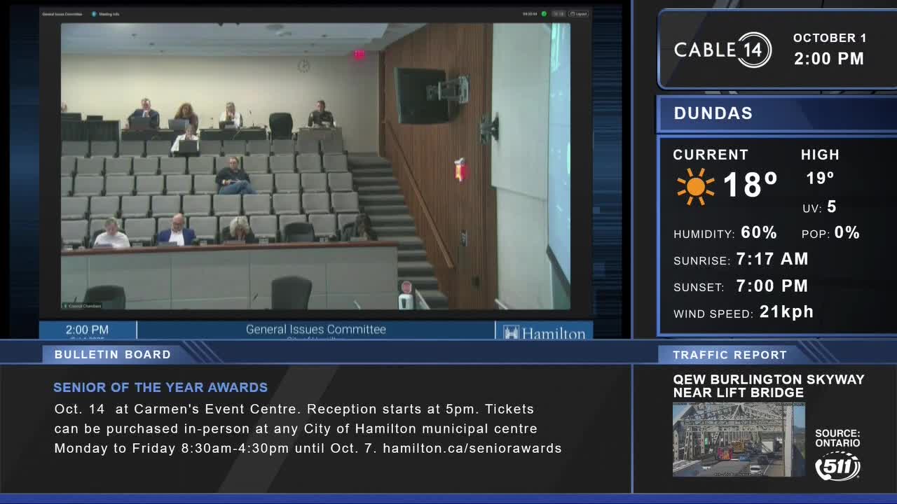 The Cable 14 broadcast shows a meeting of the General Issues Committee in Hamilton, Ontario.  People are seated at tables, some looking at screens, others at papers.
