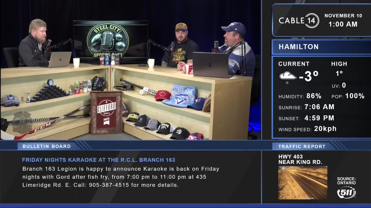 Three men are seated behind a desk, microphones in front of them, discussing something on Cable 14 Hamilton. The temperature is a chilly -3 degrees Celsius, according to the on-screen weather report.
Three men are seated behind a desk, microphones in front of them, discussing something on Cable 14 Hamilton. The temperature is a chilly -3 degrees Celsius, according to the on-screen weather report.