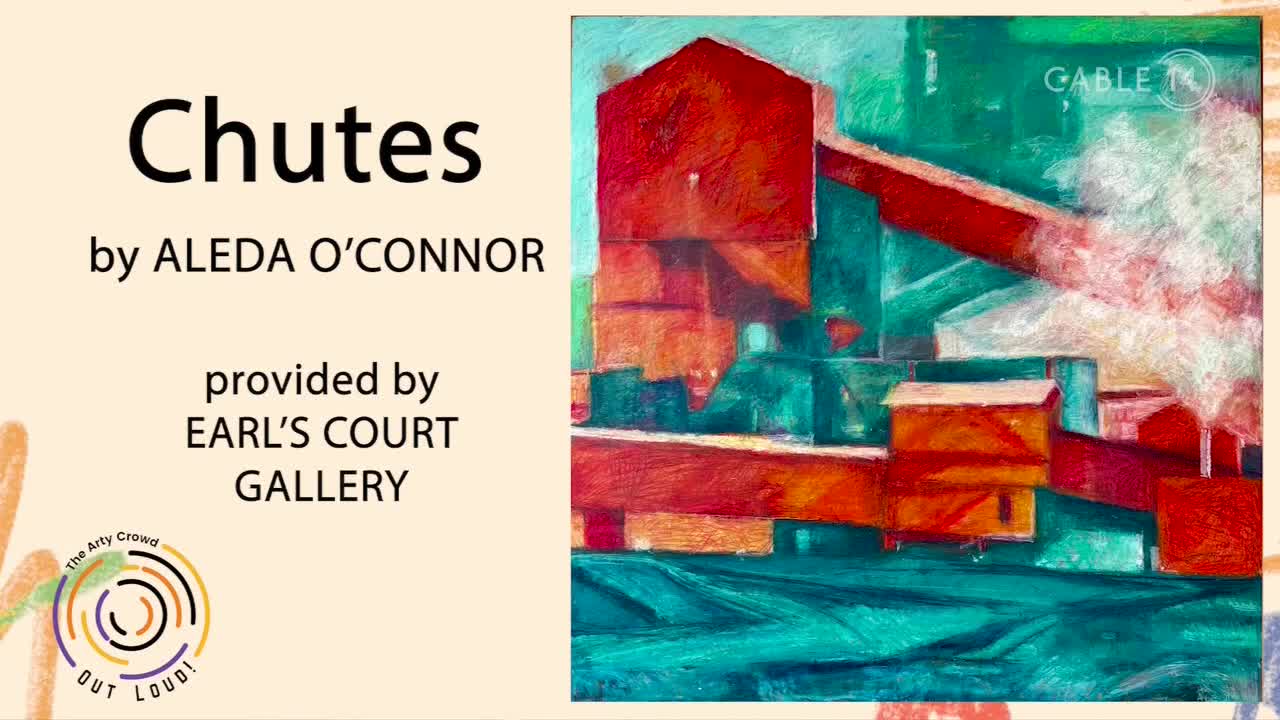 The Cable 14 logo sits in the corner of a painting depicting industrial chutes. Bold red and orange structures are set against a backdrop of teal and white, with the title "Chutes" displayed above.
The Cable 14 logo sits in the corner of a painting depicting industrial chutes. Bold red and orange structures are set against a backdrop of teal and white, with the title "Chutes" displayed above.