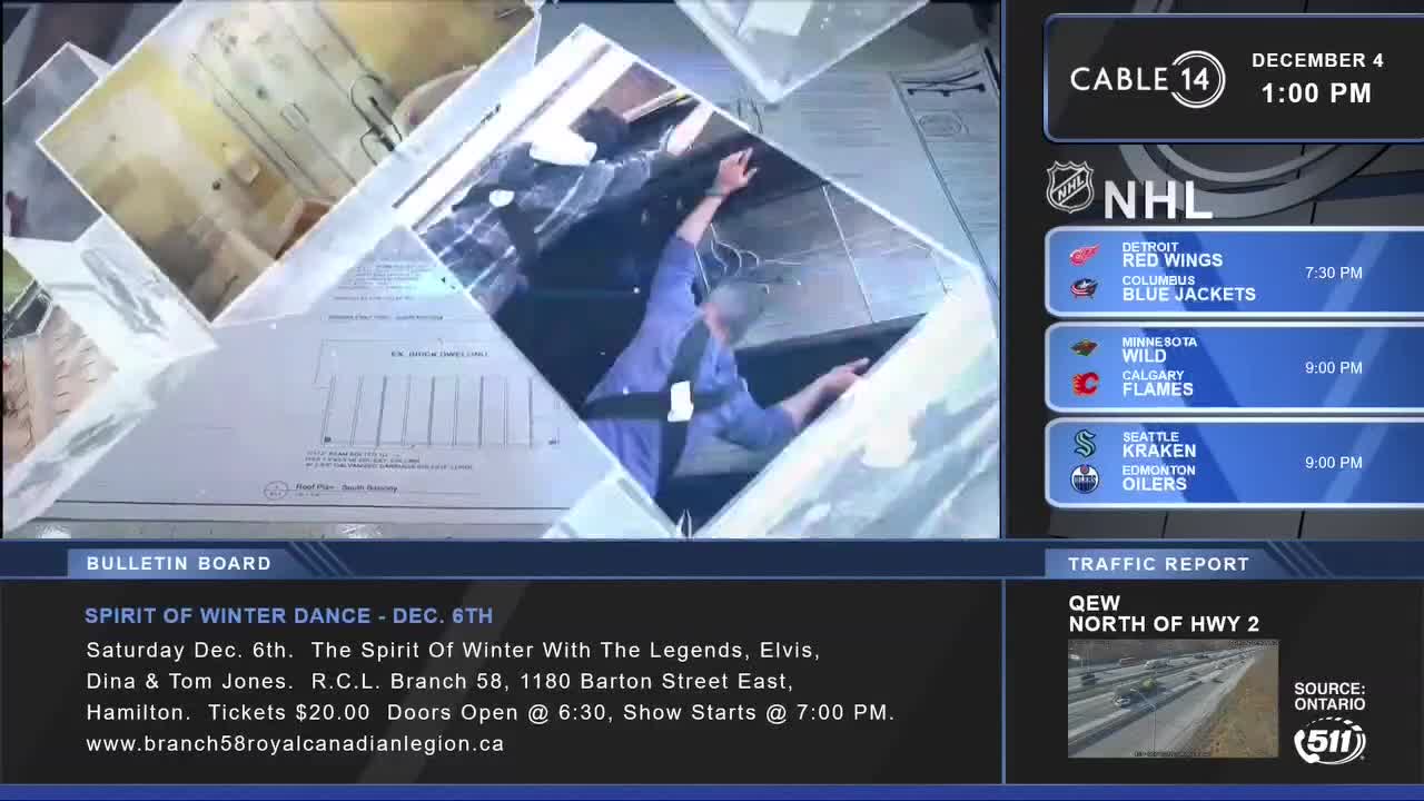 A man in blue overalls is working overhead, reaching up. Cable 14 Hamilton is showing a bulletin board with event details, and NHL game times.
A man in blue overalls is working overhead, reaching up. Cable 14 Hamilton is showing a bulletin board with event details, and NHL game times.