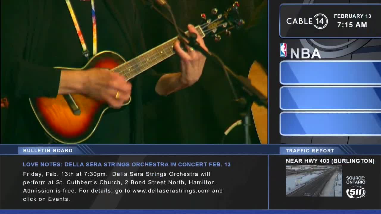 A musician's hands strum a sunburst-finished ukulele. Cable 14 Hamilton displays the time and upcoming events for the Della Sera Strings Orchestra.