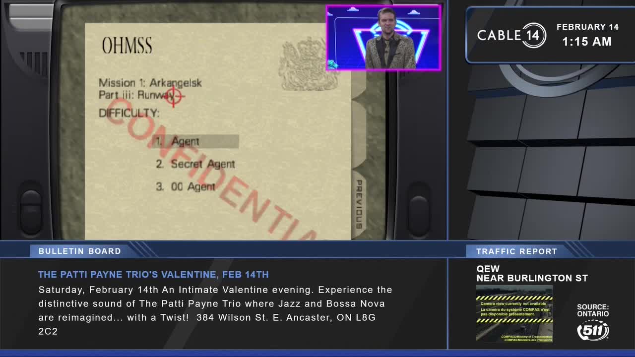 A man in a patterned jacket smiles from a small screen in the corner. Below him, a document lists mission objectives and difficulty levels. A bulletin board announces an upcoming Valentine's event featuring the Patti Payne Trio.