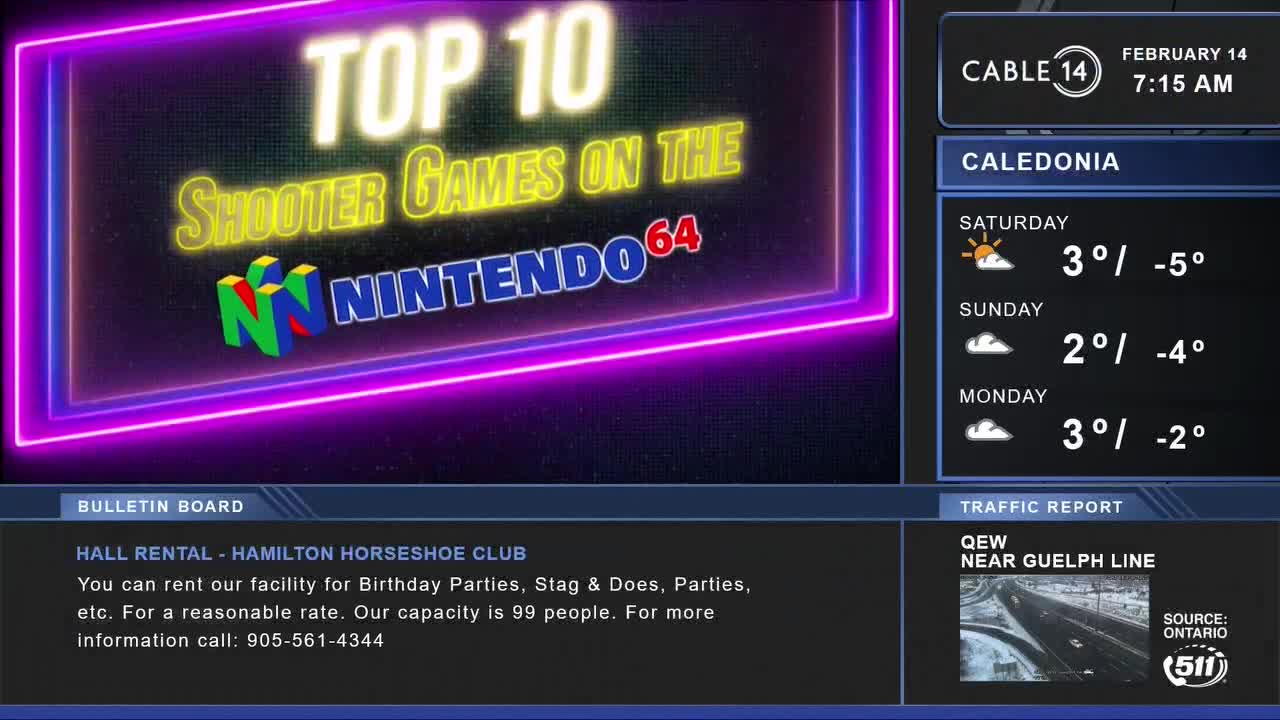 A bright purple neon frame surrounds text about "Top 10 Shooter Games on the Nintendo 64." To the right, Cable 14 Hamilton displays the date and time, along with a weather forecast for Caledonia and a traffic report for the QEW near Guelph Line.