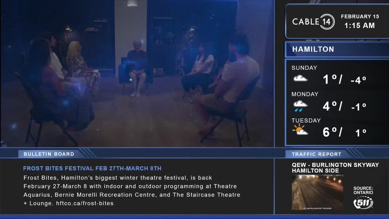 A group of people sit in chairs, facing each other in a circle. The Cable 14 Hamilton screen displays the date and time, along with the local weather forecast and a traffic report.