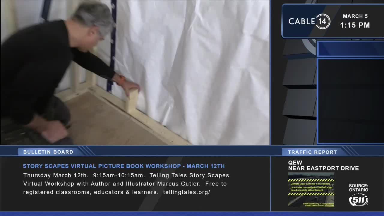 A man kneels, securing a small wooden brace against a wall. The Cable 14 Hamilton screen shows the date and time as March 5th, 1:15 PM.