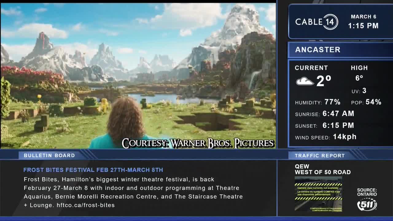 A person with curly brown hair faces a vast, mountainous landscape with a lake and scattered stone structures. On the right, Cable 14 Hamilton displays the current temperature as 2 degrees Celsius and a wind speed of 14 kilometers per hour.