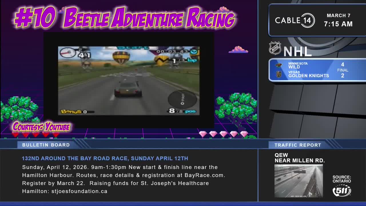 A car races down a track, hot air balloons dotting the sky. The Cable 14 Hamilton screen shows the NHL score and traffic on the QEW.