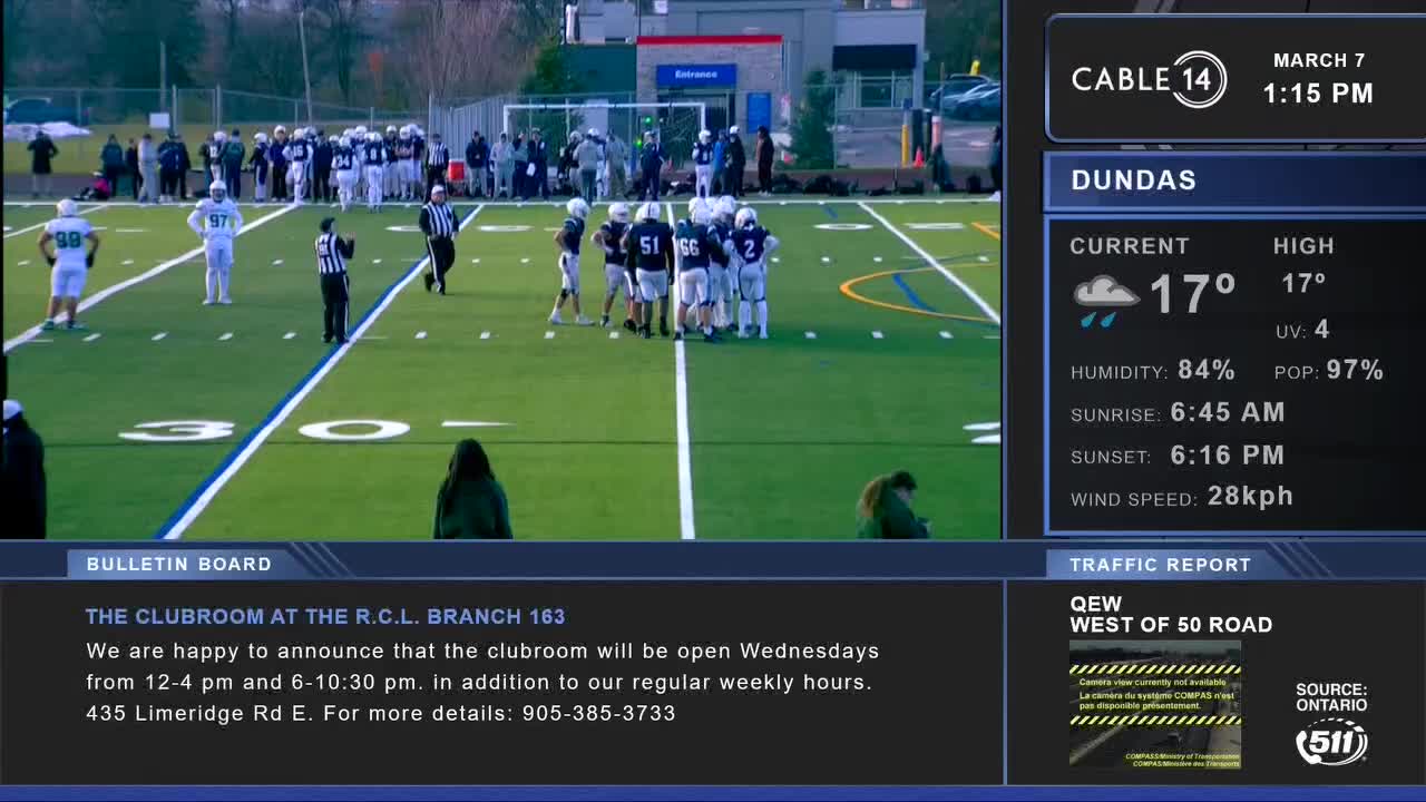 Players in blue and white jerseys huddle on the green field, while referees stand nearby. The weather report on Cable 14 Hamilton indicates a cool 17 degrees in Dundas.