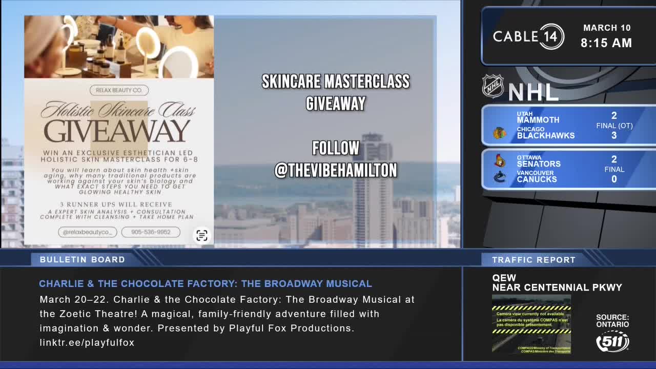 The NHL scores are up on Cable 14 Hamilton, showing the Chicago Blackhawks beat the Utah Mammoth in overtime. The Vancouver Canucks lost to the Ottawa Senators, 2-0.