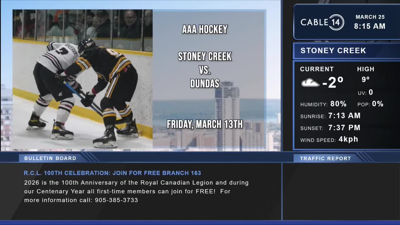 Two hockey players in black and white jerseys grapple for the puck. The scoreboard announces a Stoney Creek versus Dundas game for Friday, March 13th.