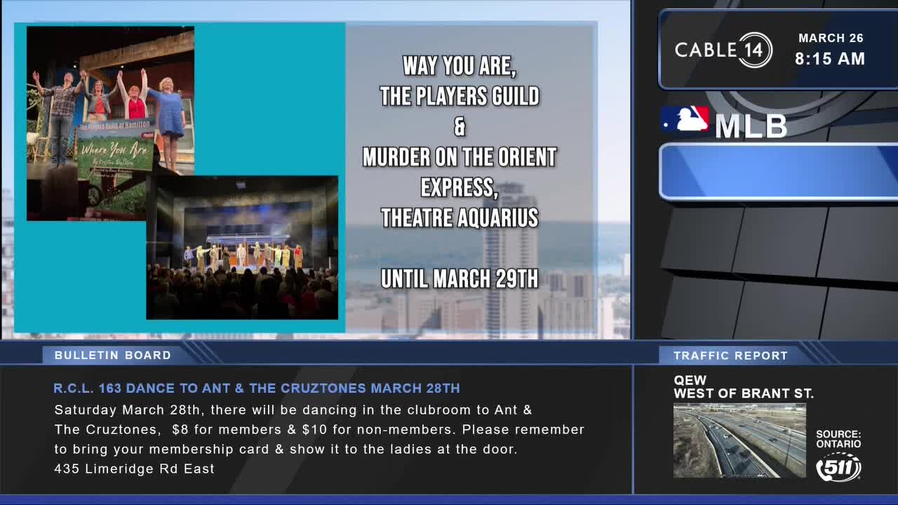 A group of actors stands on a stage, arms raised. Another scene shows a full audience watching a performance at Theatre Aquarius in Hamilton.