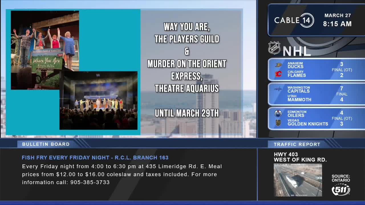 A group of actors takes a bow on stage at Theatre Aquarius, advertising "Way You Are" and "Murder on the Orient Express." The Cable 14 Hamilton screen displays NHL scores and traffic updates for the HWY 403.