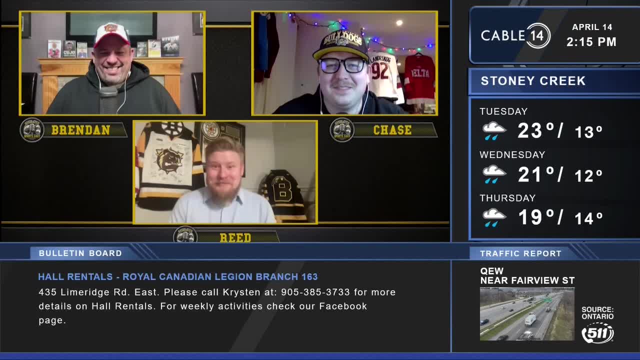 Brendan, Chase, and Reed are on a video call, likely for Cable 14 Hamilton, with hockey jerseys visible in their backgrounds. The screen also shows weather forecasts for Stoney Creek and a traffic report for the QEW.
