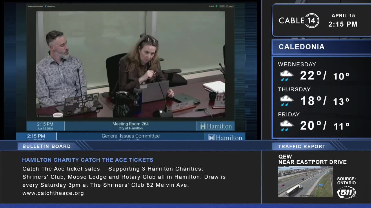 A woman speaks into a microphone at a desk, while a man sits beside her. On the screen, Cable 14 Hamilton displays the current weather for Caledonia and a traffic report for the QEW near Eastport Drive.