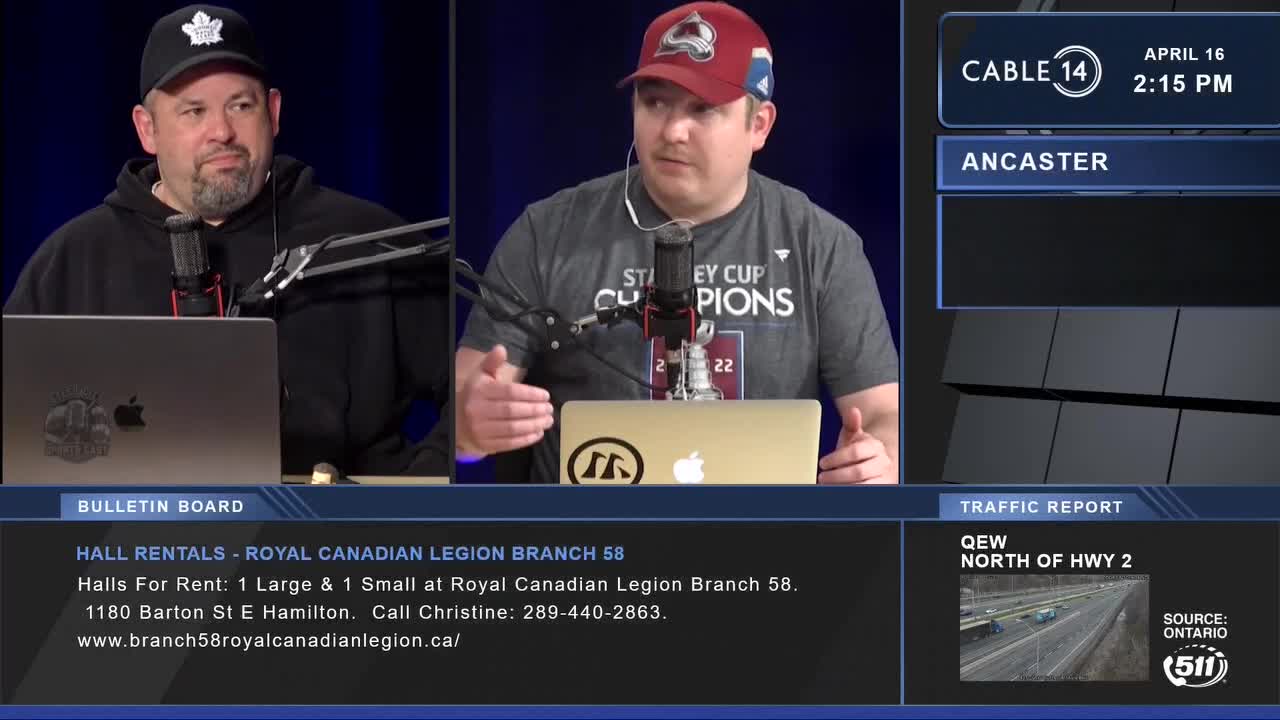 Two men are sitting at desks, talking into microphones. A screen behind them shows "Cable 14 April 16 2:15 PM Ancaster." Below, a bulletin board lists hall rentals at the Royal Canadian Legion Branch 58 in Hamilton.