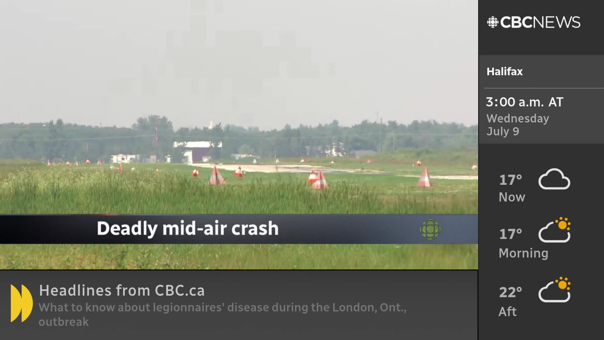 On the CBC News Network, the camera shows a grassy airfield with orange and white pylons. The headline across the bottom reads "Deadly mid-air crash."
