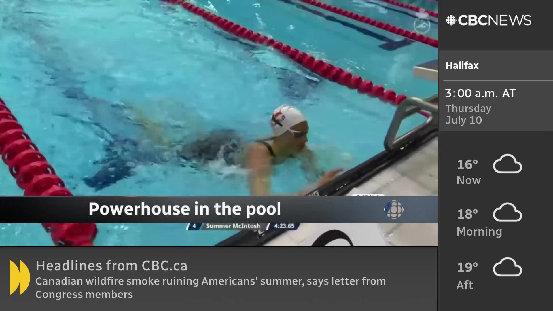 A swimmer, wearing a cap with a logo, is pulling herself along the edge of the pool. The CBC News Network graphic identifies her as Summer McIntosh.
