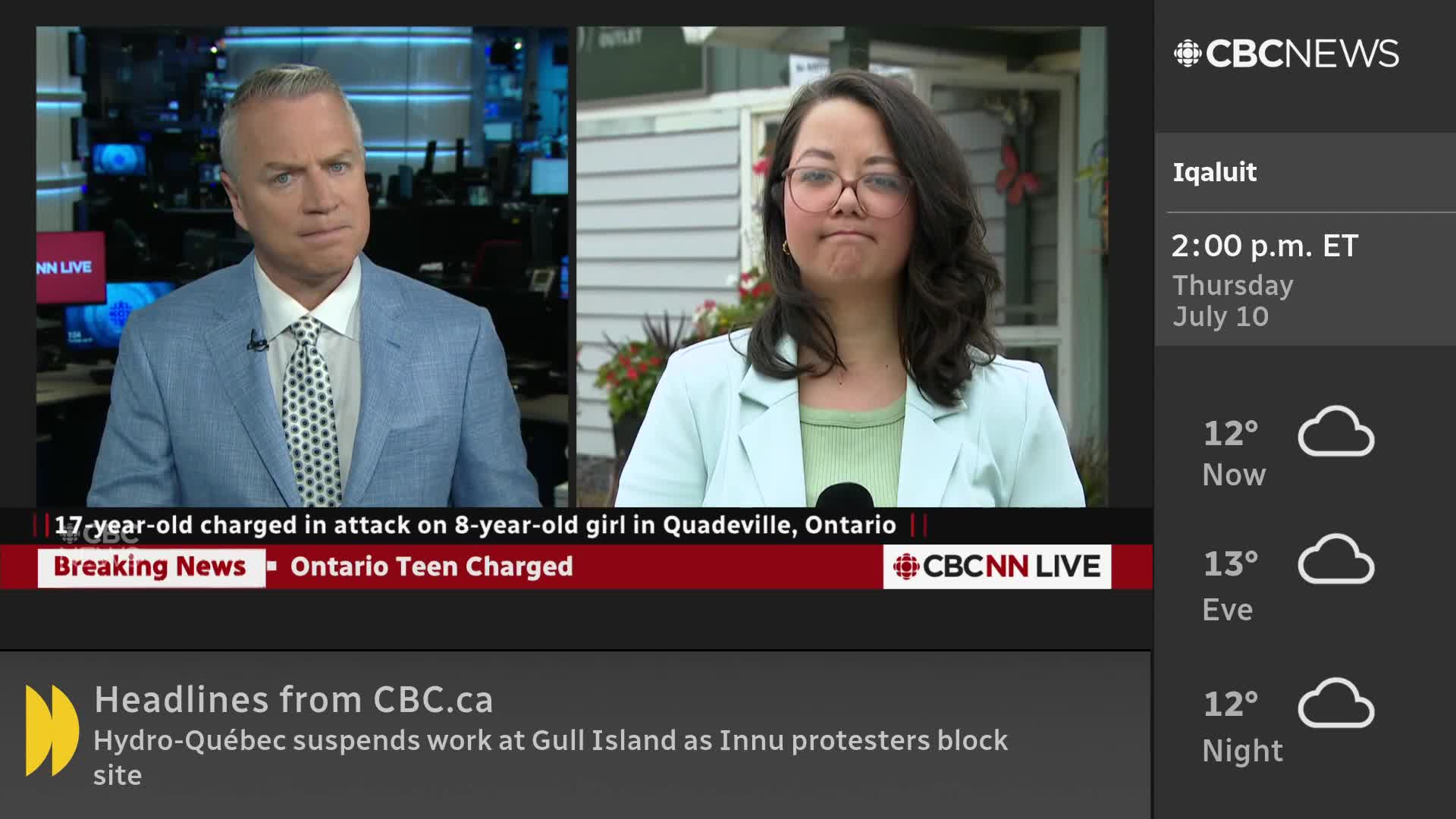 A CBC News anchor in a blue suit looks directly at the camera, while a reporter stands outside, microphone in hand, reporting live. The screen displays breaking news from Ontario.
