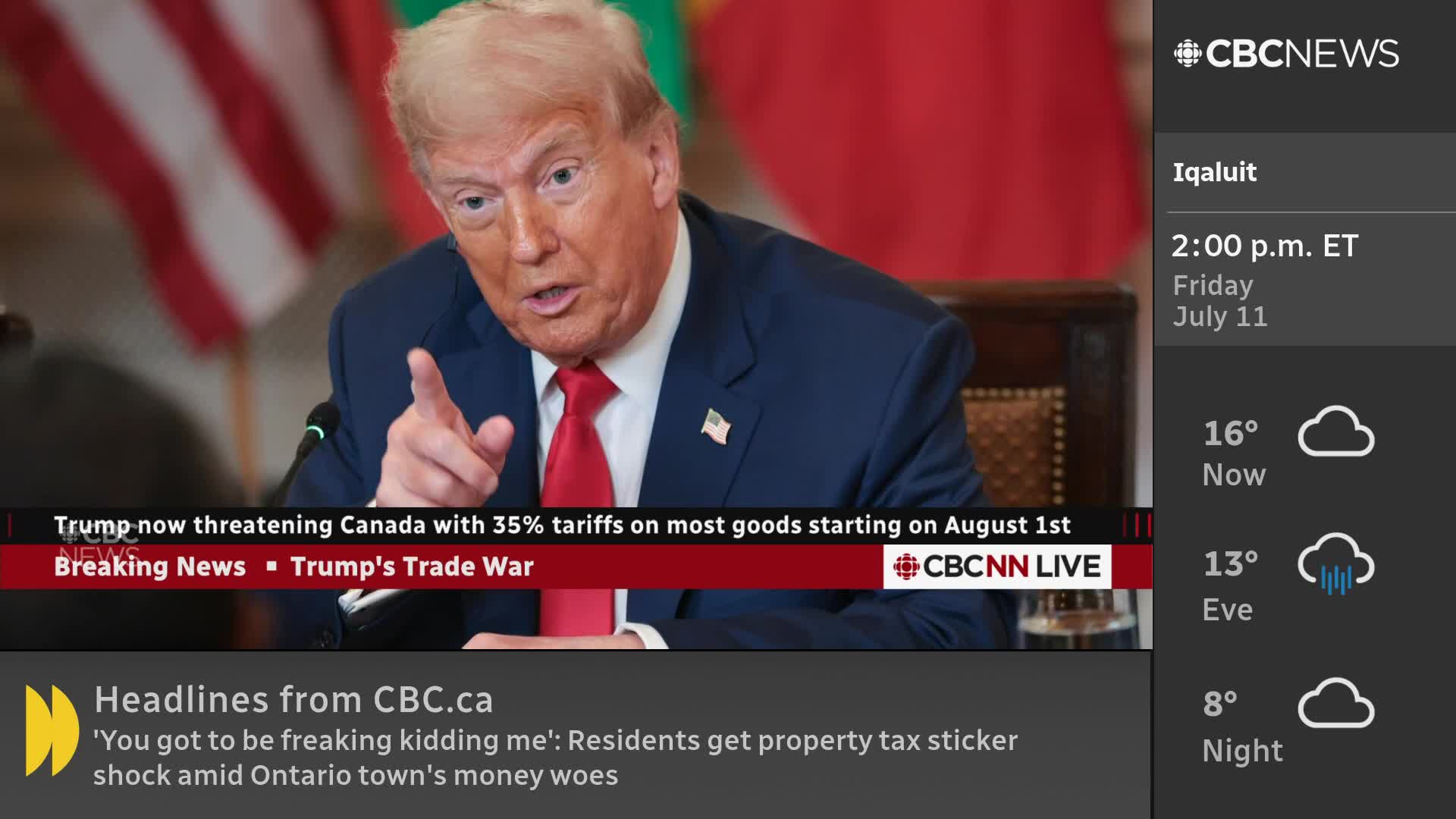 On CBC News Network, Donald Trump is on screen, pointing directly at the camera. A banner at the bottom of the screen announces he's threatening Canada with tariffs.
