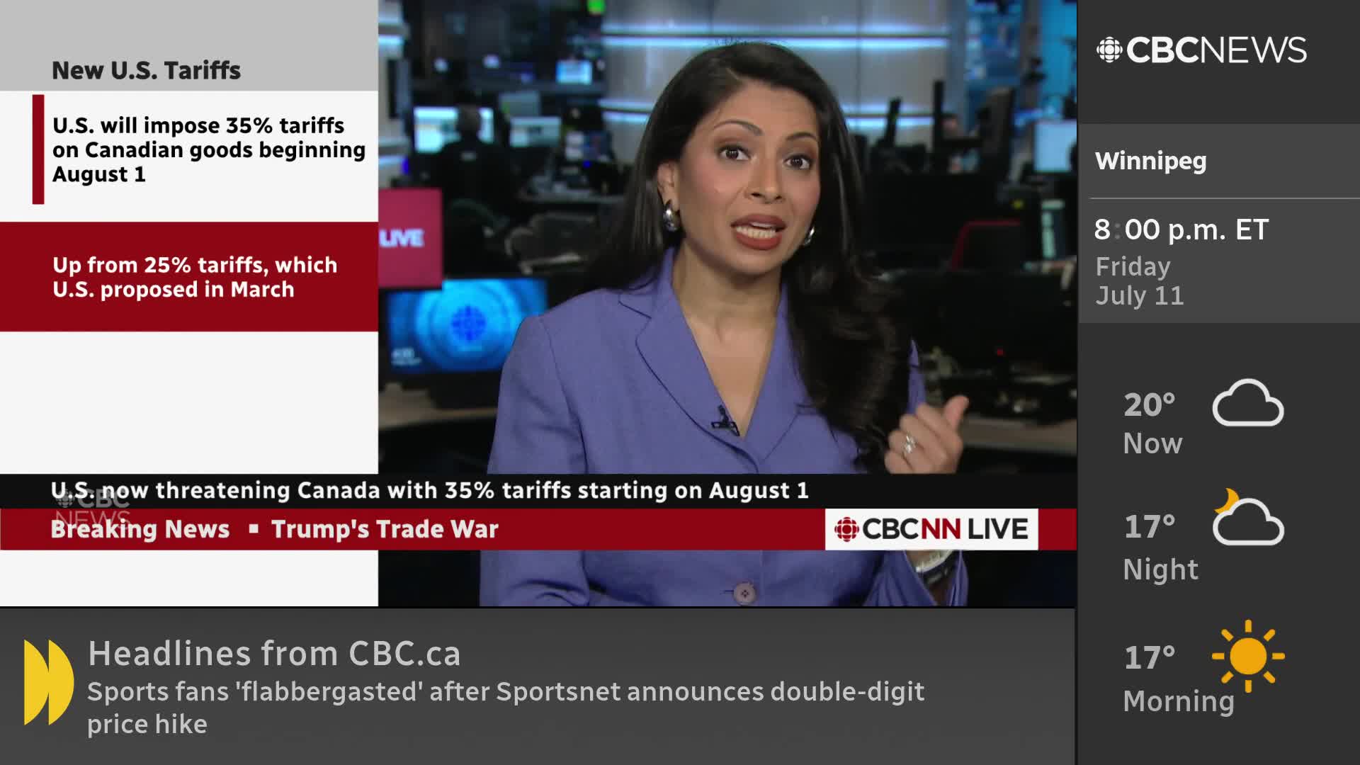 A CBC News Network anchor in a blue blazer is speaking directly to the camera. On the screen, details about U.S. tariffs on Canadian goods are displayed.
