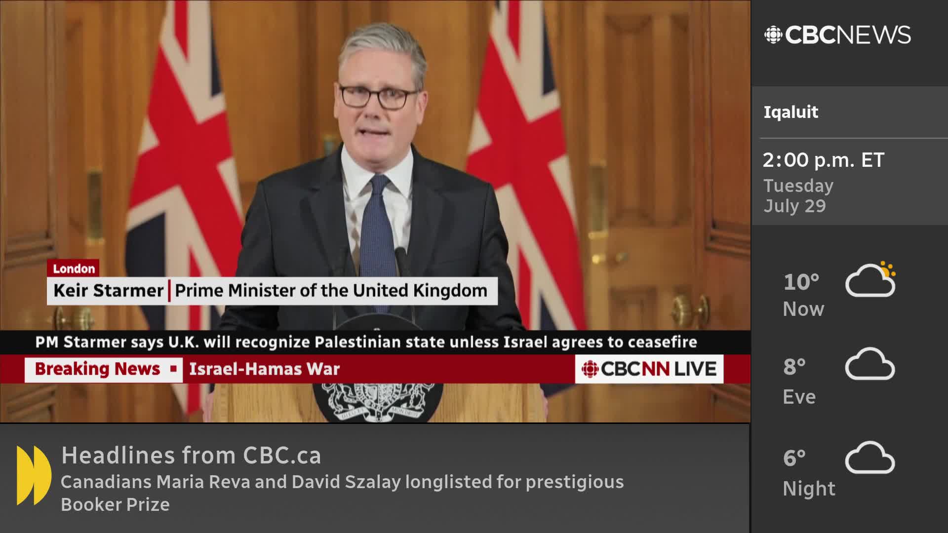 Keir Starmer, the Prime Minister of the United Kingdom, is speaking at a podium, the Union Jack behind him. The CBC News Network is reporting on the news, with a breaking story about the Israel-Hamas War.
