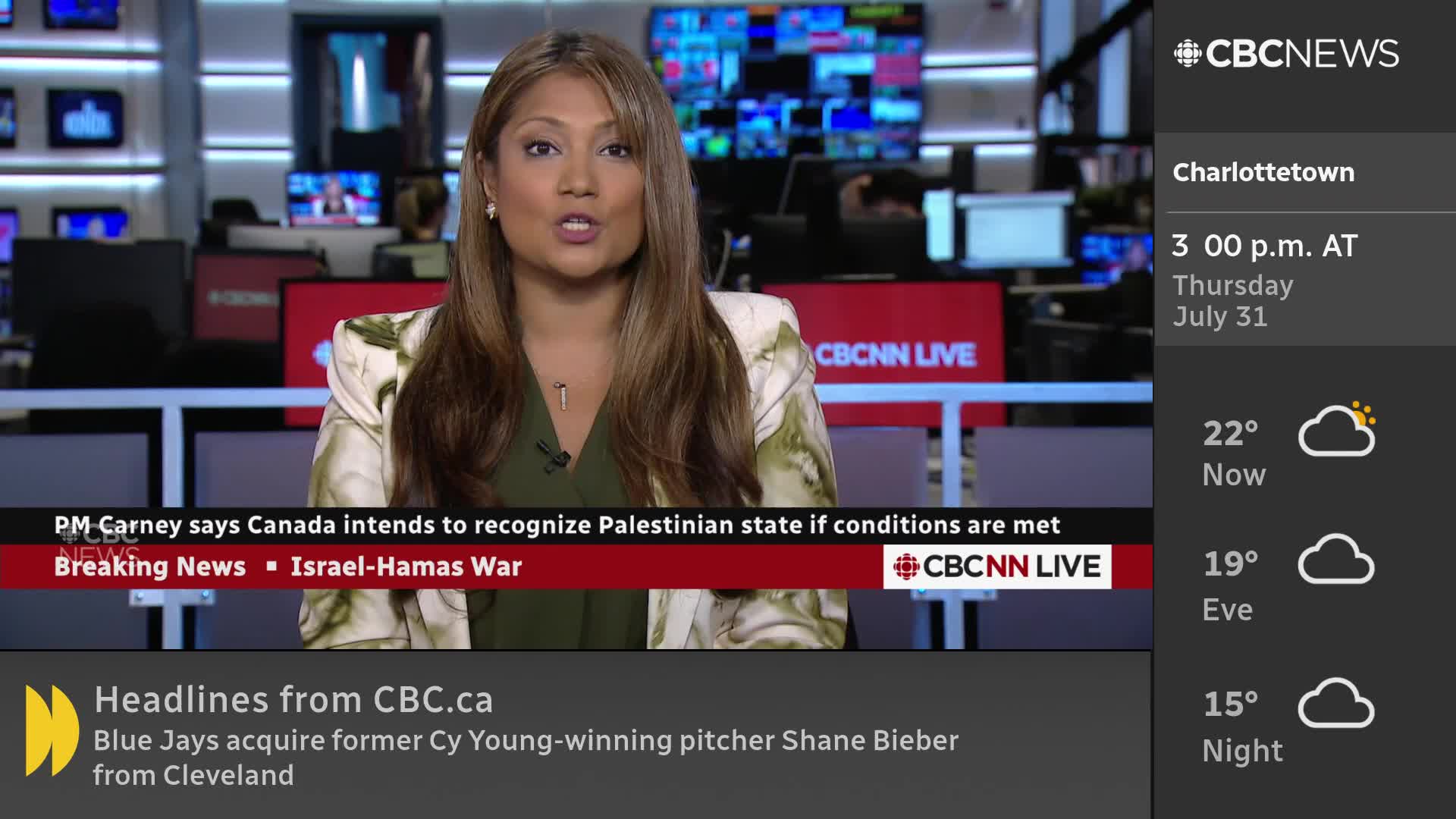 The CBC News Network anchor is speaking, her face framed by long, brown hair and a patterned jacket. A red banner at the bottom of the screen announces breaking news about Canada's intentions regarding Palestine.
