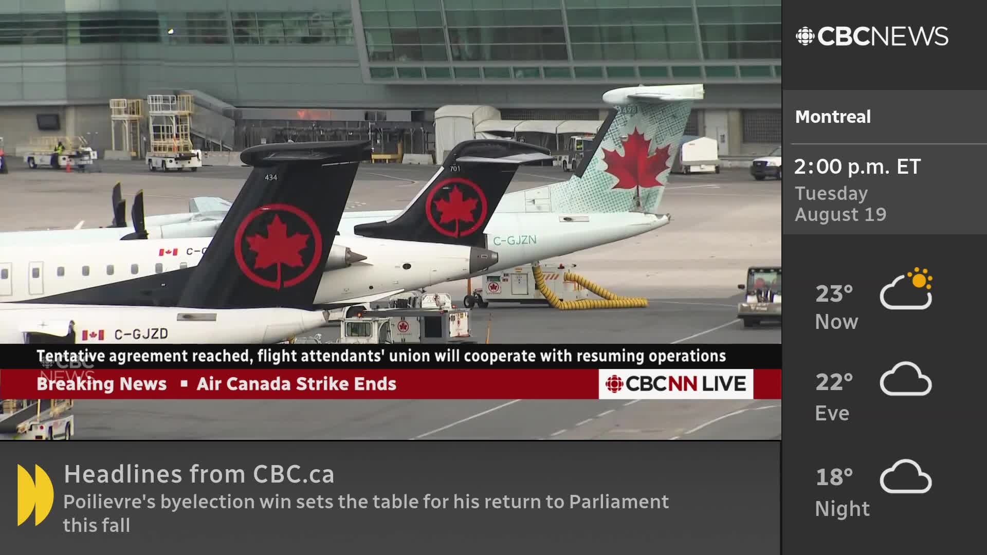 Air Canada planes sit on the tarmac, their tails displaying the familiar red maple leaf. The CBC News Network ticker announces the end of an Air Canada strike.
