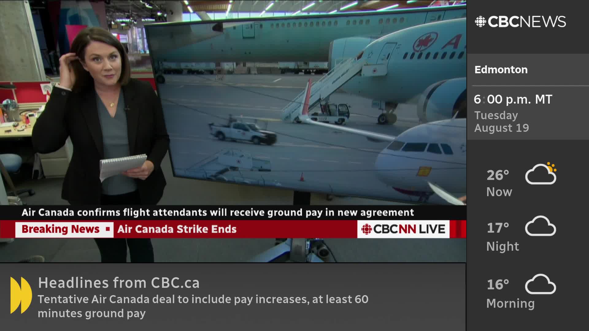 A CBC News Network reporter stands in front of a screen showing an Air Canada plane on the tarmac. The news ticker below announces the end of an Air Canada strike.
