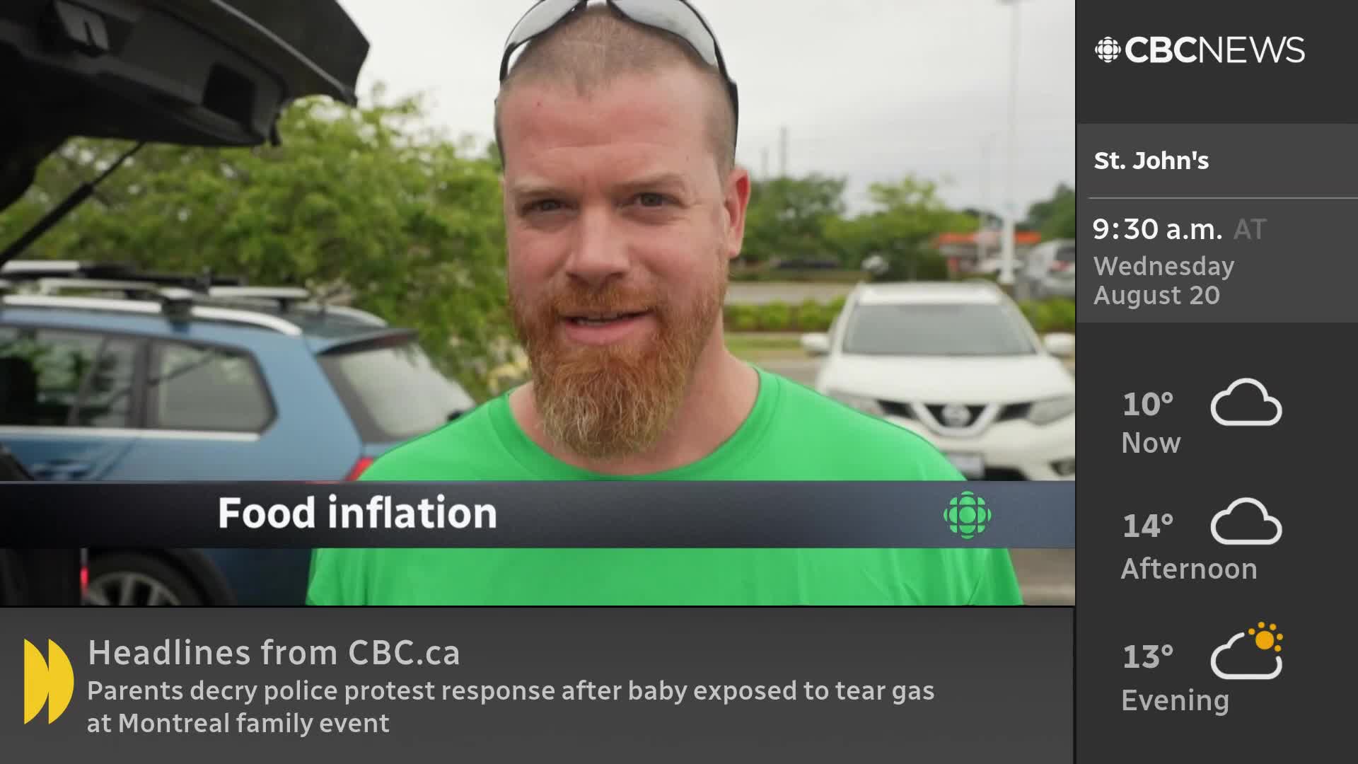 A man with a red beard, wearing a green shirt, is speaking on camera for CBC News. The chyron indicates the segment is about food inflation.
