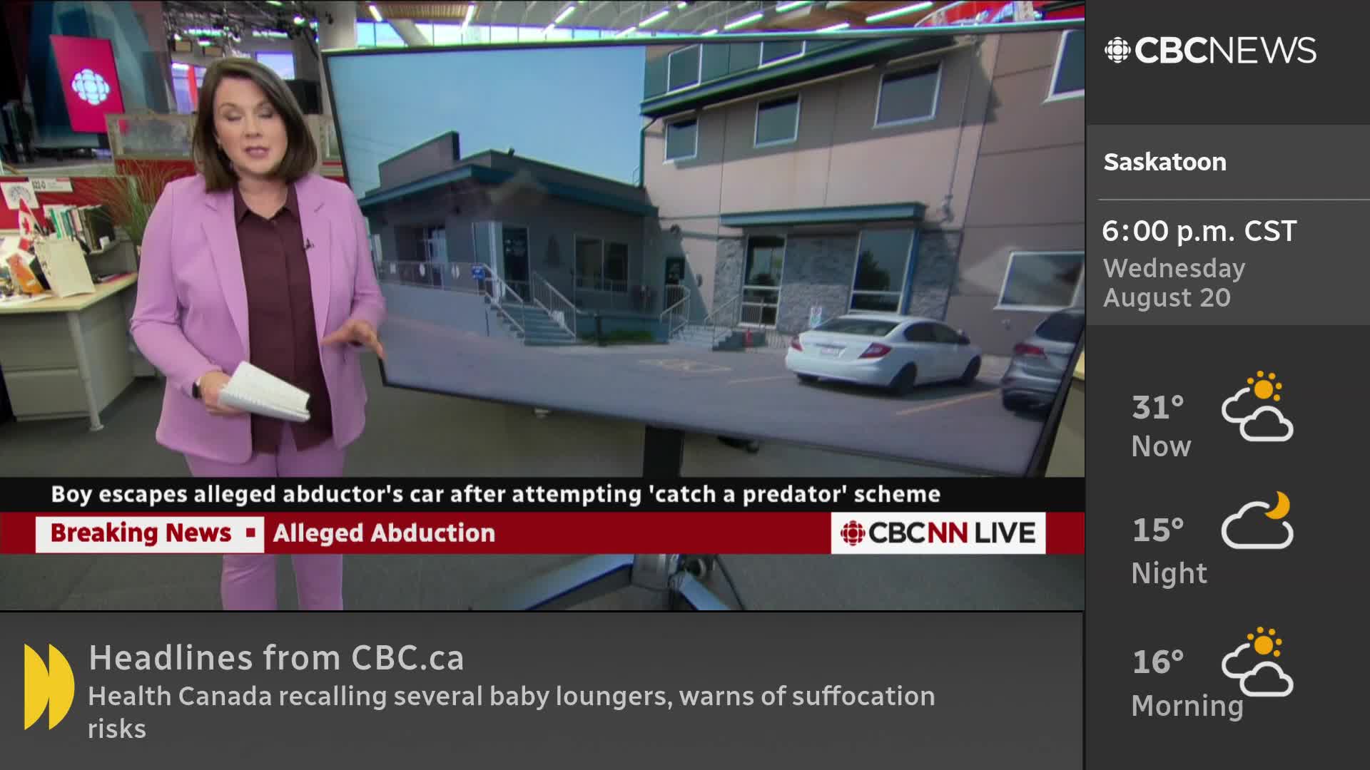 On CBC News Network, a reporter in a pink suit stands in a studio, gesturing towards a large screen. The screen shows a building in Saskatoon, Saskatchewan, with a white car parked outside.
