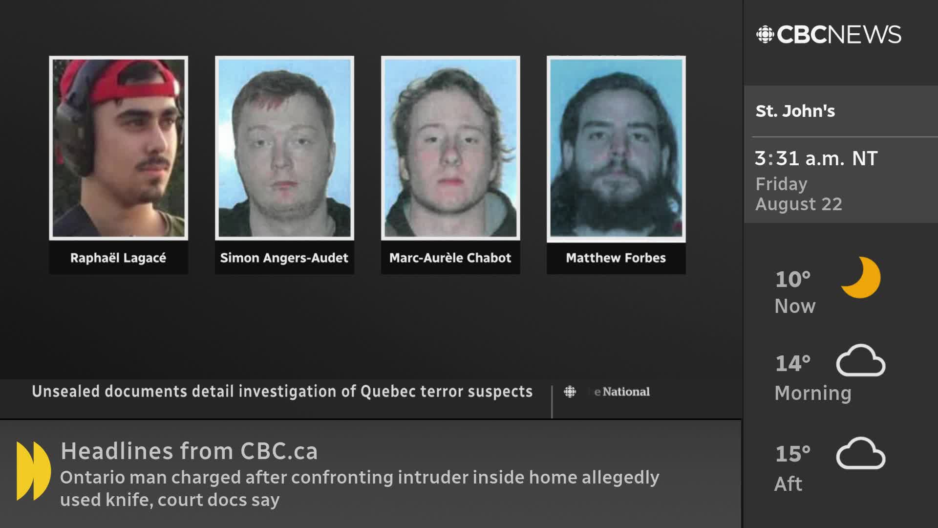 Four headshots, each in a small box, sit side-by-side under the CBC News logo. The screen shows a news report about an investigation of Quebec terror suspects, with the time in St. John's, Newfoundland, displayed in the top right corner.

