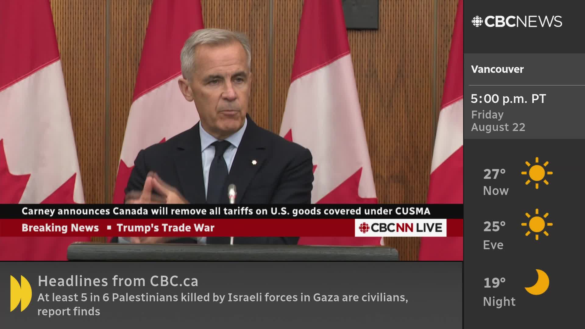 A man in a suit stands behind a podium, speaking on CBC News Network, with Canadian flags behind him. The screen shows the time in Vancouver and headlines about tariffs.

