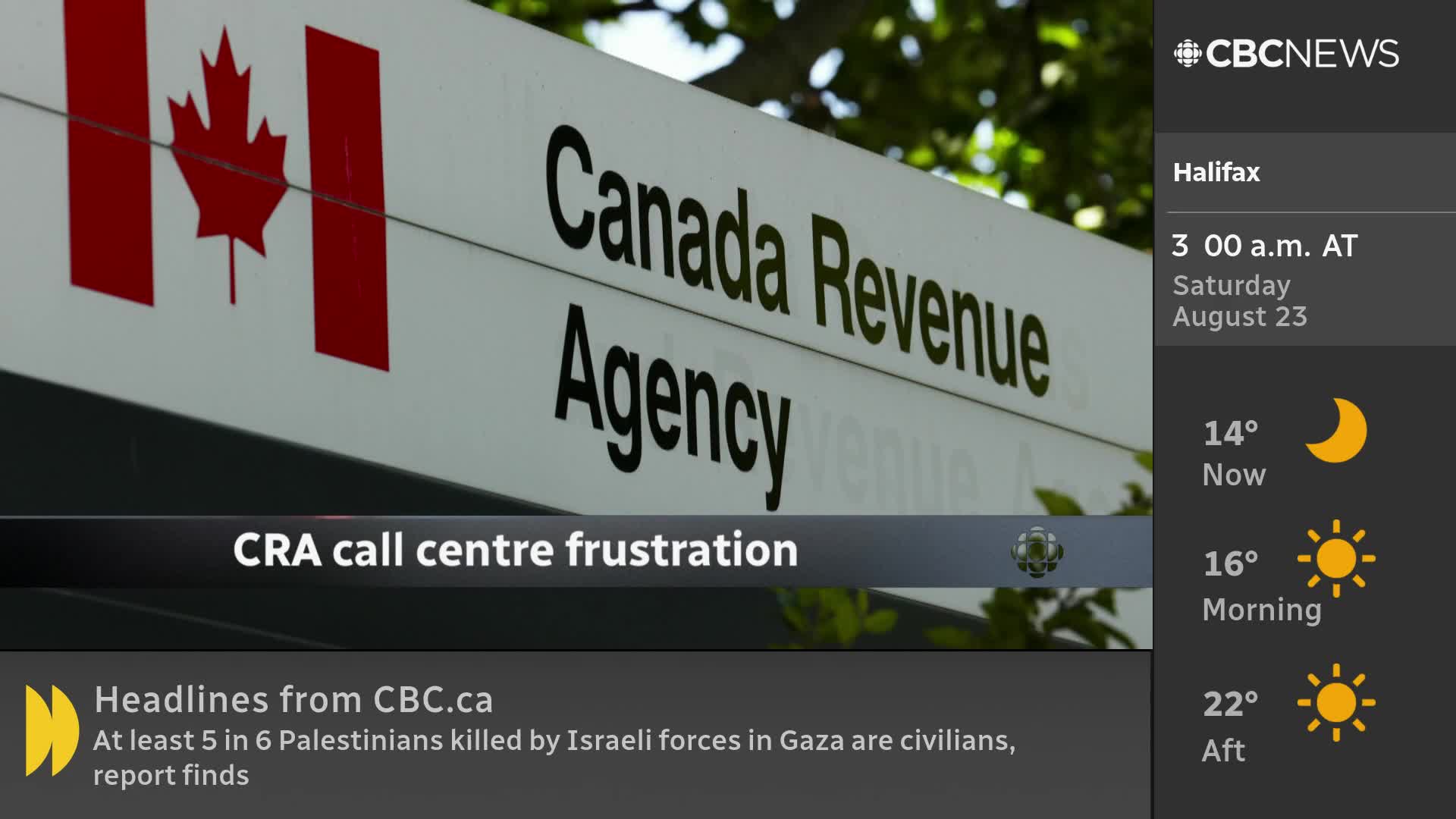 The CBC News Network is reporting on the Canada Revenue Agency, with the agency's sign prominently displayed. A headline about call center frustration is overlaid on the image.
