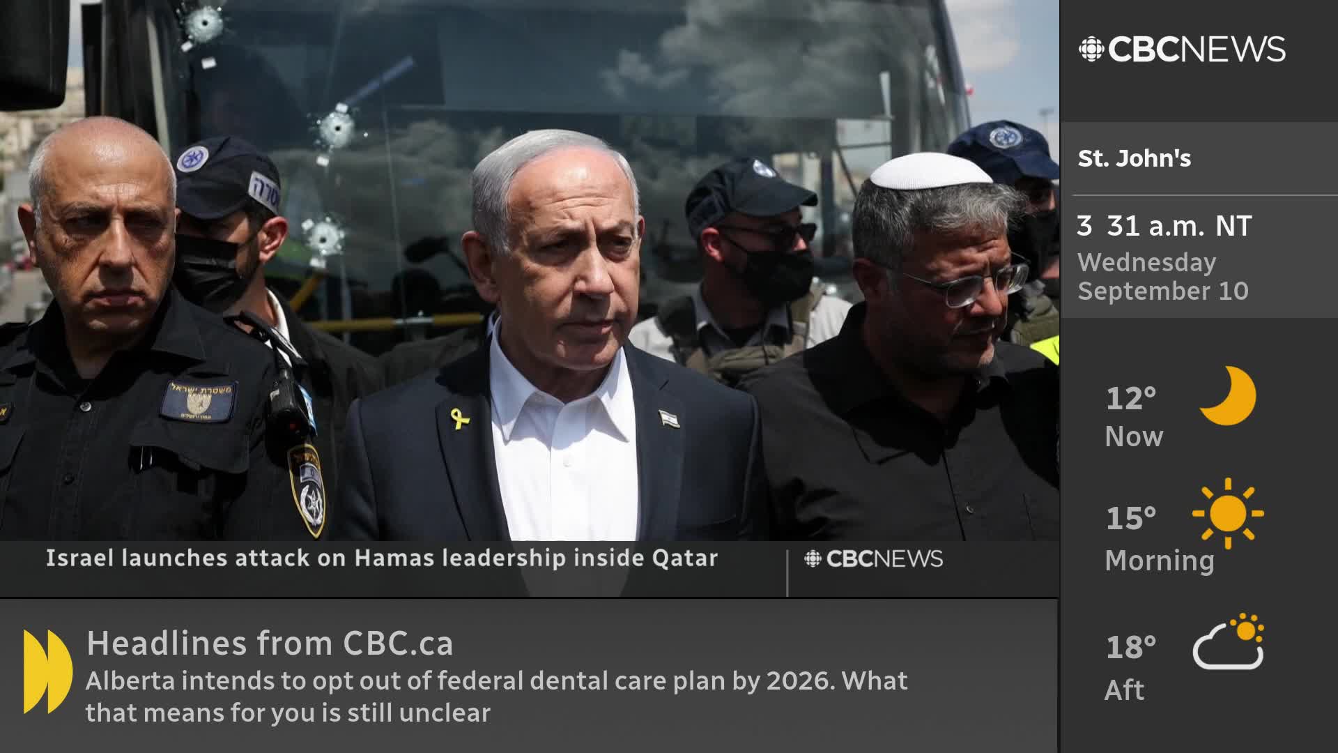A group of men, including one wearing a kippah, are walking past a bus with visible bullet holes. The CBC News Network graphic at the top right shows the time in St. John's as 3:31 a.m.
