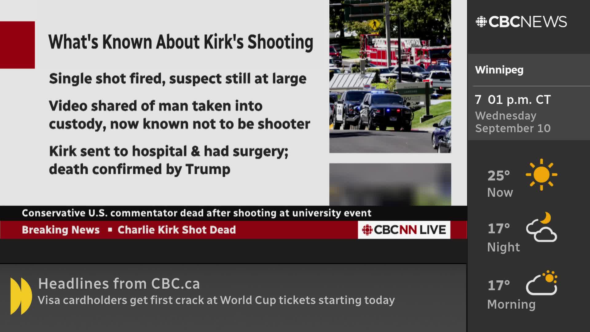 Police cruisers, lights flashing, are slowly moving down a street. The CBC News Network broadcast shows news of a shooting, with the time in Winnipeg at 7:01 p.m.

