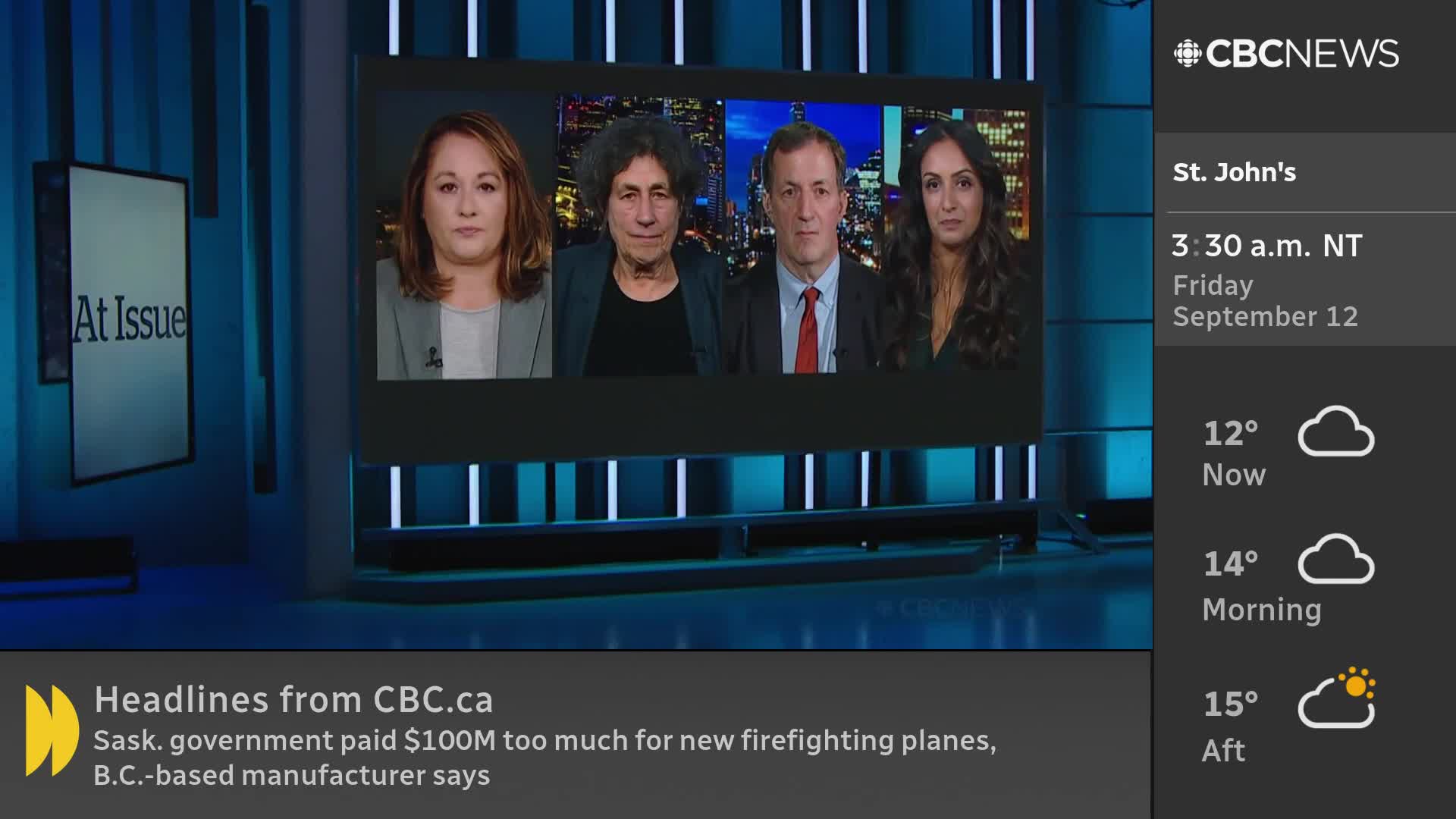 Four people are seated on a screen, each framed in a box, against a backdrop of a city at night. The CBC News Network logo and the time in St. John's are displayed on the right.
